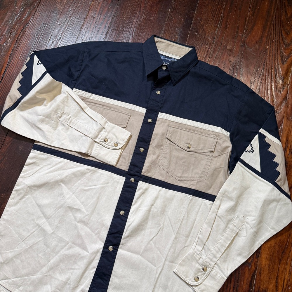 Wrangler Brushpopper Shirt Mens M Colorblock Pearl Snap Aztec Western Cowboy